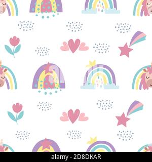 Motif sans couture avec un joli arc-en-ciel brillant, licorne, étoiles, fleurs dans des graphiques vectoriels. Pour la décoration des couvertures, des imprimés pour les vêtements pour enfants, des pyjamas Illustration de Vecteur