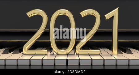 numéro d'or de la nouvelle année 2021 sur les touches de piano, vue rapprochée de la police. Concept musical de la Saint-Sylvestre. illustration 3d Banque D'Images