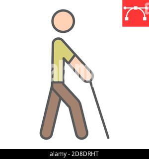 Homme aveugle avec icône de ligne de couleur de bâton de marche, handicap et cécité, graphiques de vecteur de signe de personne aveugle, icône de contour rempli de trait modifiable, eps 10 Illustration de Vecteur