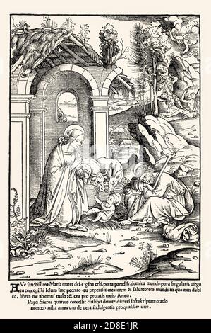 L'adoration de l'enfant Jésus par la Vierge Marie, coupe de bois italienne, XVIe siècle Banque D'Images