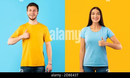 Un homme et une femme heureux qui se font des pouces et sourient Banque D'Images