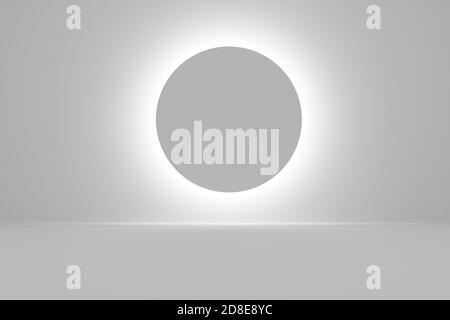 Pièce blanche vide avec éclairage indirect sur le mur du fond de la lampe en forme de cercle - galerie, modèle de produit ou intérieur moderne, illustration 3D Banque D'Images
