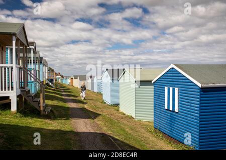 Royaume-Uni, Kent, Whitstable, Tankerton, marcheur de chiens entre des cabanes de plage colorées Banque D'Images