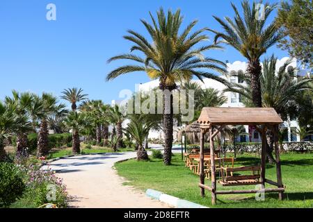 Le jardin du complexe hôtelier avec balançoires en bois, tables et chaises pour pique-niquer ou se reposer sur l'herbe verte, Tunisie Banque D'Images