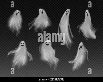 Ensemble de fantômes de brouillard vectoriels réalistes. des fumes 3d ressemblant à des mouettes de nuit. Halloween illustration d'un pottergeist ou d'un fantôme effrayant Illustration de Vecteur