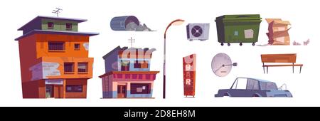 Ghetto bâtiments, bac à litière, voiture cassée, barre panneau, lampe de rue, boîtes en carton, ventilation et antenne satellite, abandonnés maisons anciennes ruinées. Ensemble de vecteurs de dessins animés isolés de rues sales délabrées Illustration de Vecteur