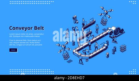 Page de renvoi isométrique du tapis roulant, flux de travail intelligent en usine. Les mains des hommes et des robots travaillent sur la ligne d'assemblage, les drones livrent la production. Illustration vectorielle 3d du processus d'automatisation, bannière Web de dessin au trait Illustration de Vecteur