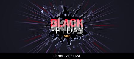 Bannière solde du Vendredi fou. L'inscription détruit le mur. Fissure noire dans le mur bleu. Modèle horizontal pour affiche, bannière, prospectus, Web. Illustration de Vecteur