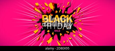 Bannière solde du Vendredi fou. L'inscription détruit le mur. Fissure noire dans le mur rose et la ligne dynamique. Modèle horizontal pour affiche, bannière, prospectus, Illustration de Vecteur