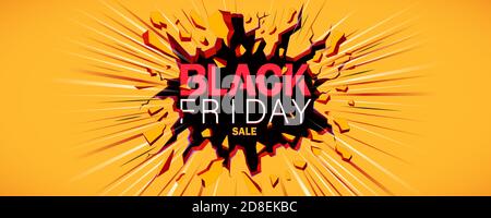 Bannière de vente. L'inscription détruit le mur. Fissure noire dans le mur jaune. Les pierres sont dispersées dans différentes directions modèle pour affiche, bann Illustration de Vecteur