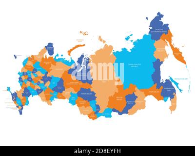 Carte politique de la Russie ou de la Fédération de Russie. Sujets fédéraux - républiques, krays, oblasts, villes d'importance fédérale, oblasts autonomes et oktapis autonomes. Carte vectorielle plate simple avec étiquettes. Illustration de Vecteur