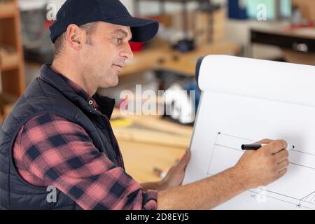 magnifique ébéniste barbu sur le plan d'examen avec un crayon Banque D'Images