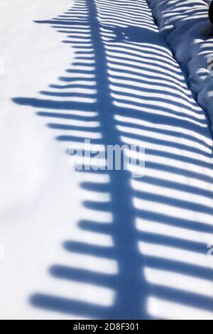 La clôture de piquetage projette des ombres et des motifs sur la neige fraîche; Salida; Colorado; États-Unis Banque D'Images