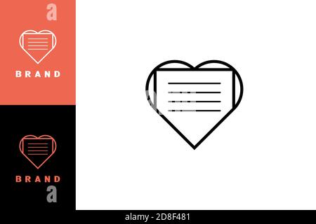 Logo du document d'amour. Document ou lettre en papier dans le cadre en forme de coeur, concept de design d'art de ligne, conception moderne simple et minimaliste de logo. Illustration de Vecteur