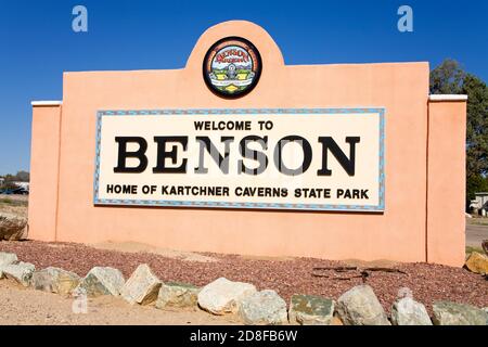 Panneau de bienvenue, Benson Ville, Comté de Cochise, Arizona, USA Banque D'Images