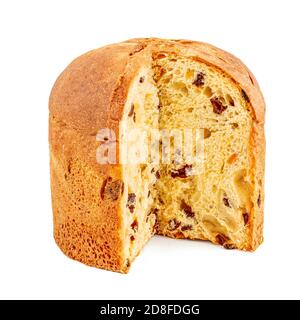 Panettone ou gâteau de Noël aux fruits isolé sur fond blanc. Noël en gros plan avec des raisins secs Banque D'Images