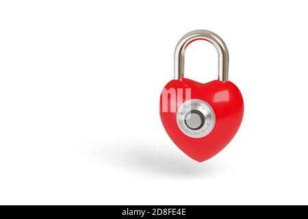 Cadenas rouge en forme de coeur et cadenas à combinaison isolé sur fond blanc. illustration 3d. Banque D'Images