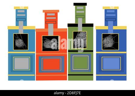 Les distributeurs automatiques de journaux sont vides et couverts de toiles d'araignée. Spiderwebs sont dans les fenêtres des boîtes dans une illustration de la disparition de la nouvelle Banque D'Images