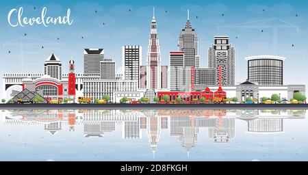 Cleveland Ohio City Skyline avec les bâtiments de couleur, le ciel bleu et les reflets. Illustration vectorielle. Cleveland USA Cityscape avec des sites touristiques. Illustration de Vecteur