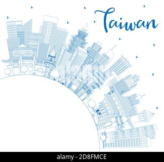 Contour de la ville de Taiwan Skyline avec Blue Buildings et Copy Space. Illustration vectorielle. Concept de tourisme avec architecture historique. Illustration de Vecteur