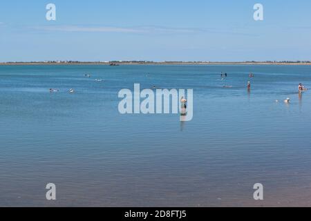 Saki, Crimée, Russie - 23 juillet 2020 : vue du lac de Saki avec les vacanciers engagés dans la boue thérapeutique dans la ville de Saki, Crimée Banque D'Images