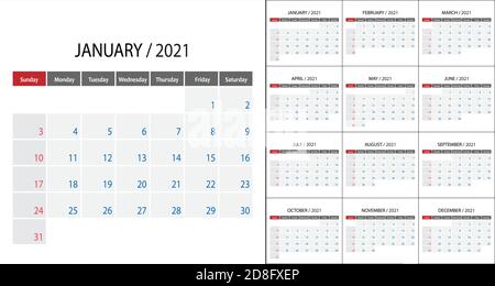 Calendrier simple 2021 sur la semaine de langue anglaise commencer le dimanche. Illustration de Vecteur