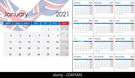Calendrier simple 2021 en anglais, début de la semaine le lundi. Version britannique. Illustration de Vecteur