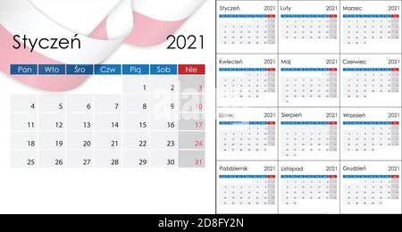 Calendrier simple 2021 en polonais, début de la semaine le lundi. Illustration de Vecteur