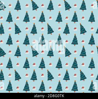 Joli motif de Noël dessiné à la main avec boules de cristal et arbres de noël. Motif de style dessin animé. Banque D'Images