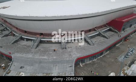 Vue aérienne du stade de football de Pudong où se tiendra le championnat du monde de la Ligue des légendes à Shanghai, en Chine, le 18 septembre 2020. Banque D'Images