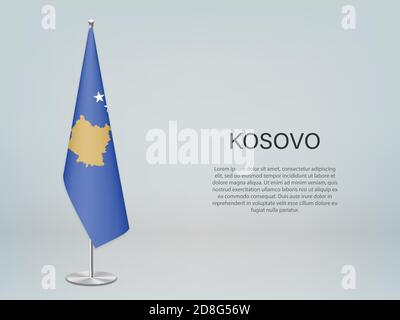 Drapeau suspendu du Kosovo sur stand. Modèle pour bannière de conférence politique Illustration de Vecteur