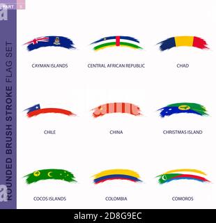 Ensemble de drapeaux ronds à coups de pinceau, drapeaux des îles Caïmans, République centrafricaine, Tchad, Chili, Chine, Île de Noël, îles Cocos, Colombie Illustration de Vecteur