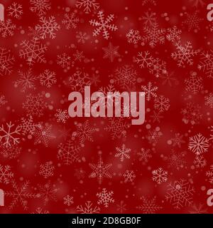 Motif de Noël sans couture de flocons de neige de différentes formes, tailles et transparence, sur fond rouge Illustration de Vecteur