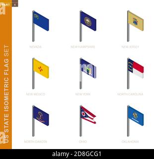 DRAPEAU ISOMÉTRIQUE DE l'état US défini, Flagpole dans la cote isométrique. Collection de neuf drapeaux d'état US vectoriels 3D. Illustration de Vecteur