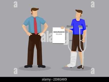Employé blessé avec des béquilles et du plâtre de jambe montrant le document de réclamation de l'employeur pour l'assurance médicale. Illustration vectorielle de dessin animé sur assurance médicale Illustration de Vecteur