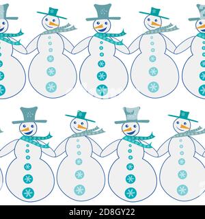 Fond de motif vectoriel sans couture Happy Snowman. Toile de fond amusante avec des rangées alternées de bonhommes de neige vêtus de chapeaux bleus et de foulards tenant les mains. Main Illustration de Vecteur