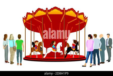 Carrousel pour enfants avec enfants. Illustration isolée sur fond blanc. Illustration de Vecteur