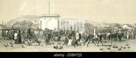 Vue sur l'ancien bazar de Kerch pendant la guerre de Crimée. Lithographie par Vasily Timm, 1855. Banque D'Images