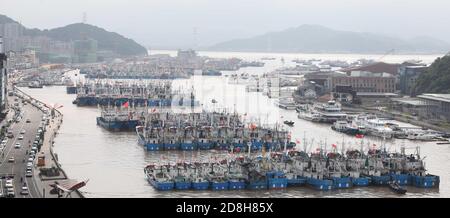 Vue aérienne de milliers de bateaux de pêche berth près du port de Shenjiamen en raison du typhon Maysak, le neuvième typhon de l'année dans la ville de Zhoushan, à l'est du Chi Banque D'Images