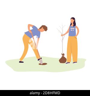 Un jeune homme et une jeune femme plantent un arbre. Jardinage, outils de jardin, printemps. Couple plantant un semis. Illustration vectorielle plate. Illustration de Vecteur