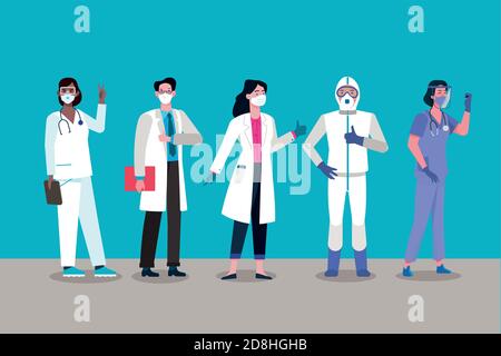 Les travailleurs de la santé portant des masques et d'autres équipements de protection contre le coronavirus Pandémie Illustration de Vecteur