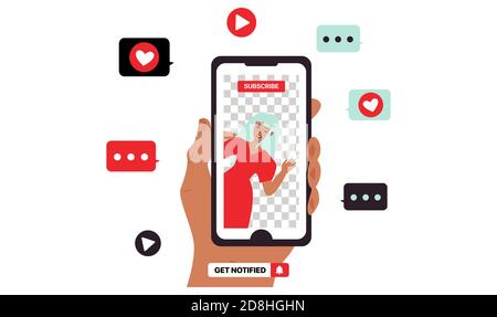 Illustration YouTube. Smartphone à portée de main avec Flying social Media Icons. Bouton recevoir une notification Illustration de Vecteur