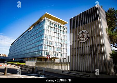 Signe de l'Organisation mondiale de la santé (OMS) à leur siège À Genève, le 30 octobre 2020 Banque D'Images
