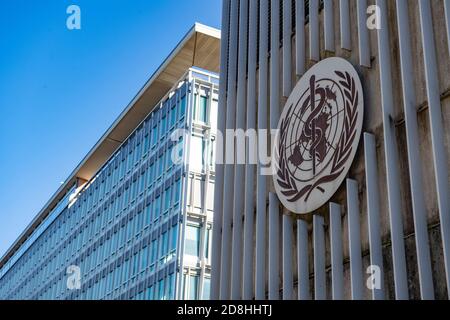 Signe de l'Organisation mondiale de la santé (OMS) à leur siège À Genève, le 30 octobre 2020 Banque D'Images