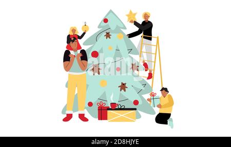 La famille décorera l'arbre de Noël avec des guirlandes et des jouets à la maison. Illustration de l'hiver Illustration de Vecteur