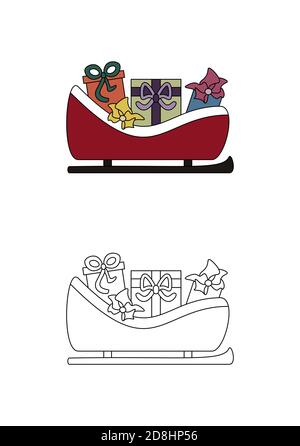 Traîneau de Noël plein de cadeaux. Page de coloriage pour enfants. Illustration de Vecteur