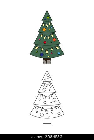 Page de coloriage de Noël. Arbre de Noël avec guirlande. Coloriage pour enfants. Illustration de Vecteur