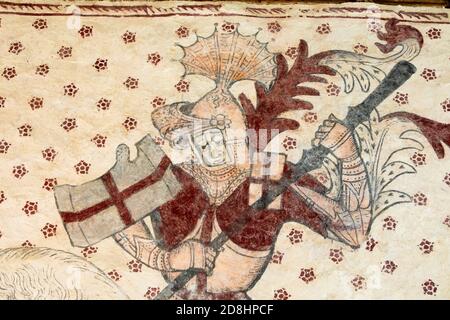Royaume-Uni, pays de Galles, Vale of Glamourgan, Llancarfan, église St Cadoc, intérieur, peinture murale médiévale, St George et le Dragon, détail Banque D'Images