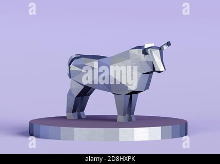 figurine d'un taureau en métal polygonal simplifié sur un stand, symbole de la nouvelle année 2021, rendu 3d Banque D'Images