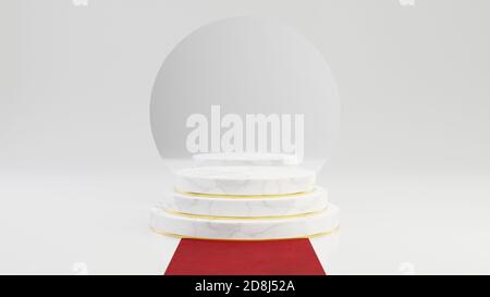 Marches rondes en marbre avec cadre doré avec miroir et tapis rouge isolés sur fond blanc. concept d'arrière-plan abstrait minimaliste rendu 3d pour le positionnement des produits. Banque D'Images